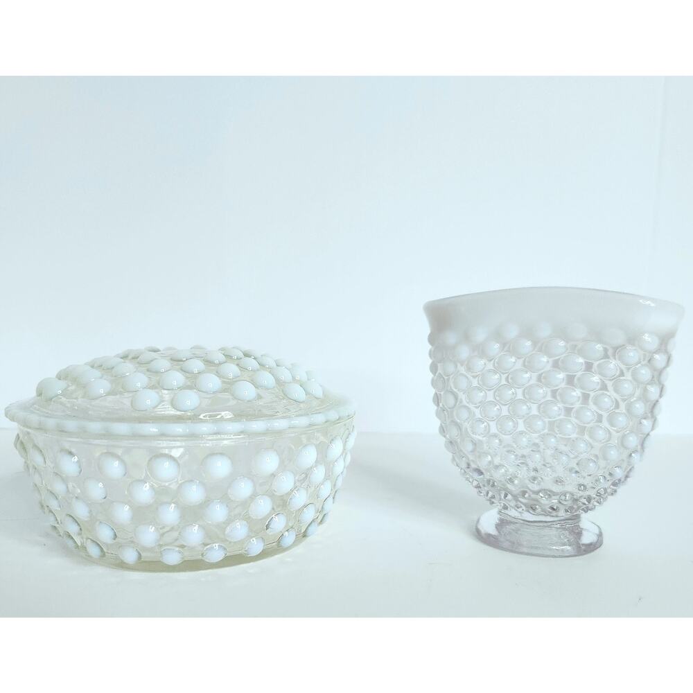 Vintage Hobnail Opalescent Glass Vanity Jar with Lid & Footed Vase
